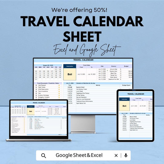 Travel Calendar Sheet | Excel and Google Sheets | Vacation Planner | Budget & Activity Tracker | 50% Off