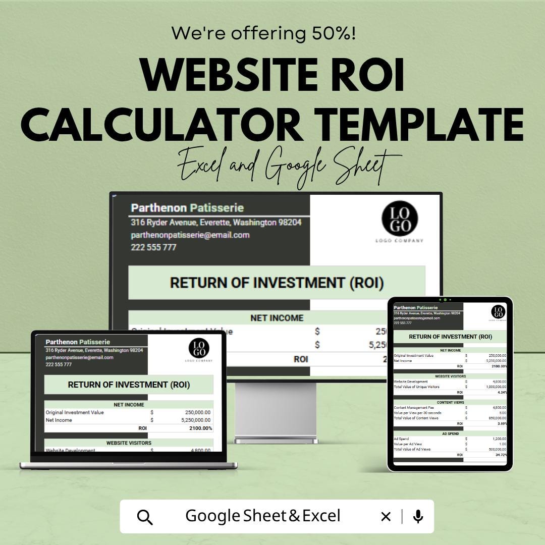 Website ROI Calculator Template | Website Investment Calculator | Marketing ROI Spreadsheet | Business Analytics Tool