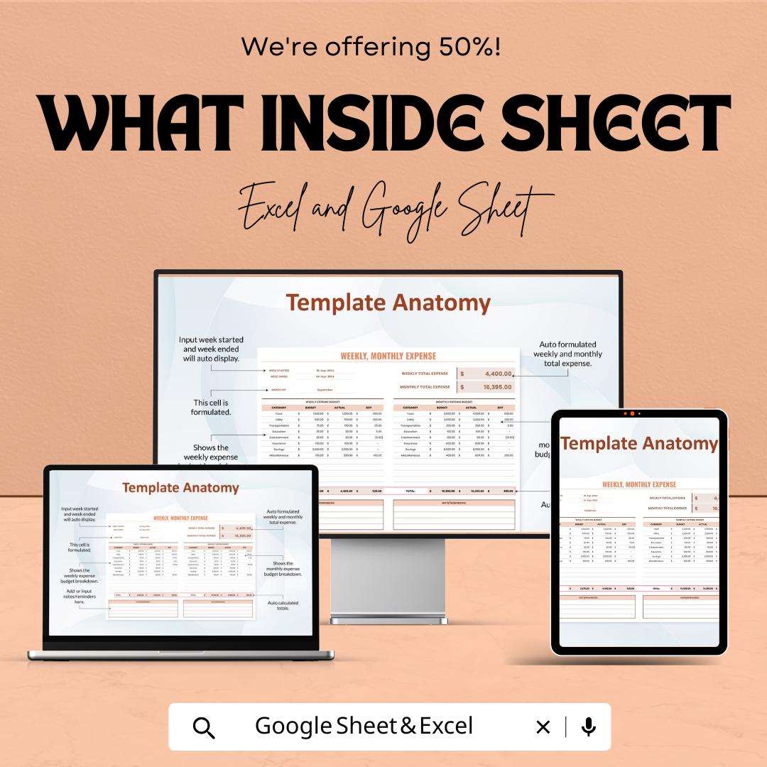 Weekly Monthly Expense Sheet | Budget Tracker for Excel & Google Sheets | Editable Digital Finance Planner | Instant Download