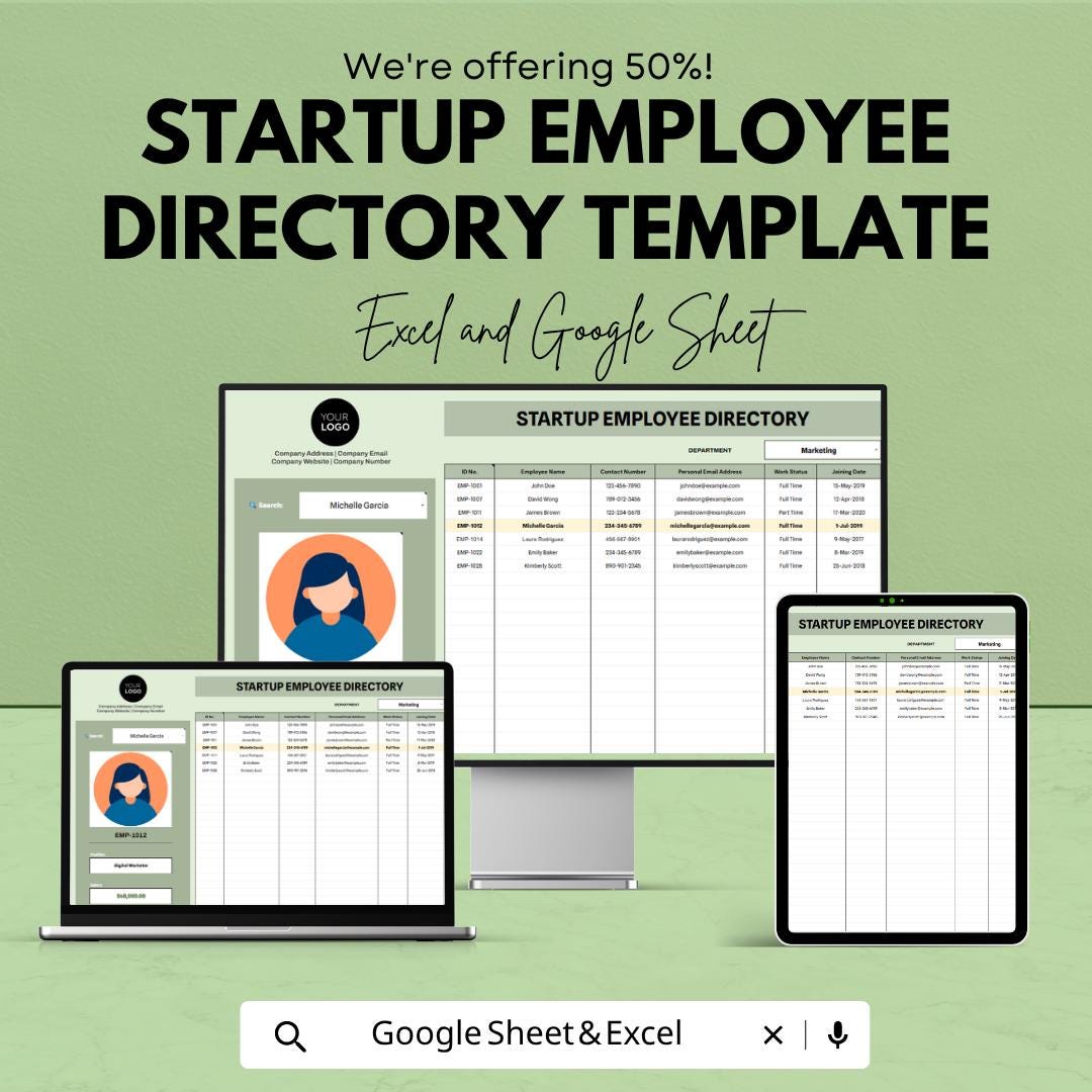 Startup Employee Directory Template | Employee Database Spreadsheet | Staff Directory Tracker | HR Management Template |