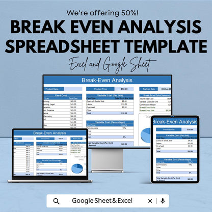 Break Even Analysis Spreadsheet Template | Break Even Calculator | Business Profit Analysis Tool | Financial Planning Spreadsheet