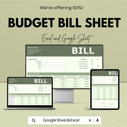 Budget Bill Sheet – Excel & Google Sheets Template for Efficient Budgeting – 50% Off