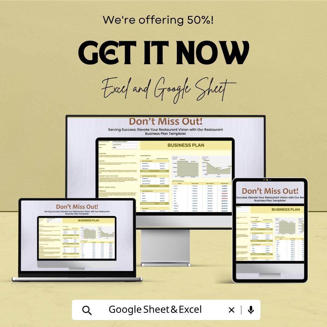 Restaurant Business Plan Template | Restaurant Financial Plan Spreadsheet | Food Business Planner | Startup Business Plan Sheet
