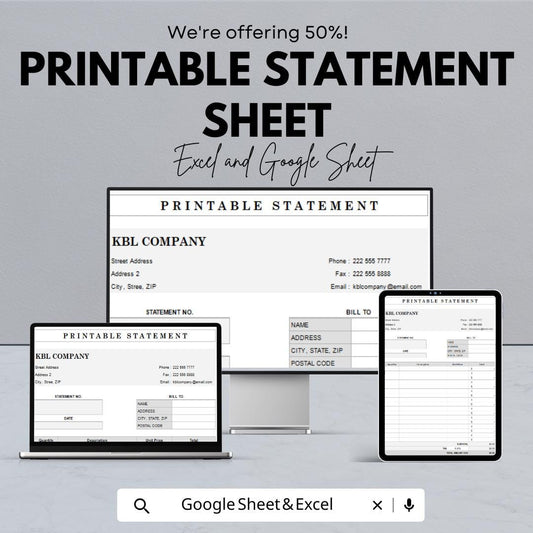 Printable Statement Sheet Template | Excel and Google Sheets | Business Invoice & Billing Form | Financial Record Sheet | Digital Download