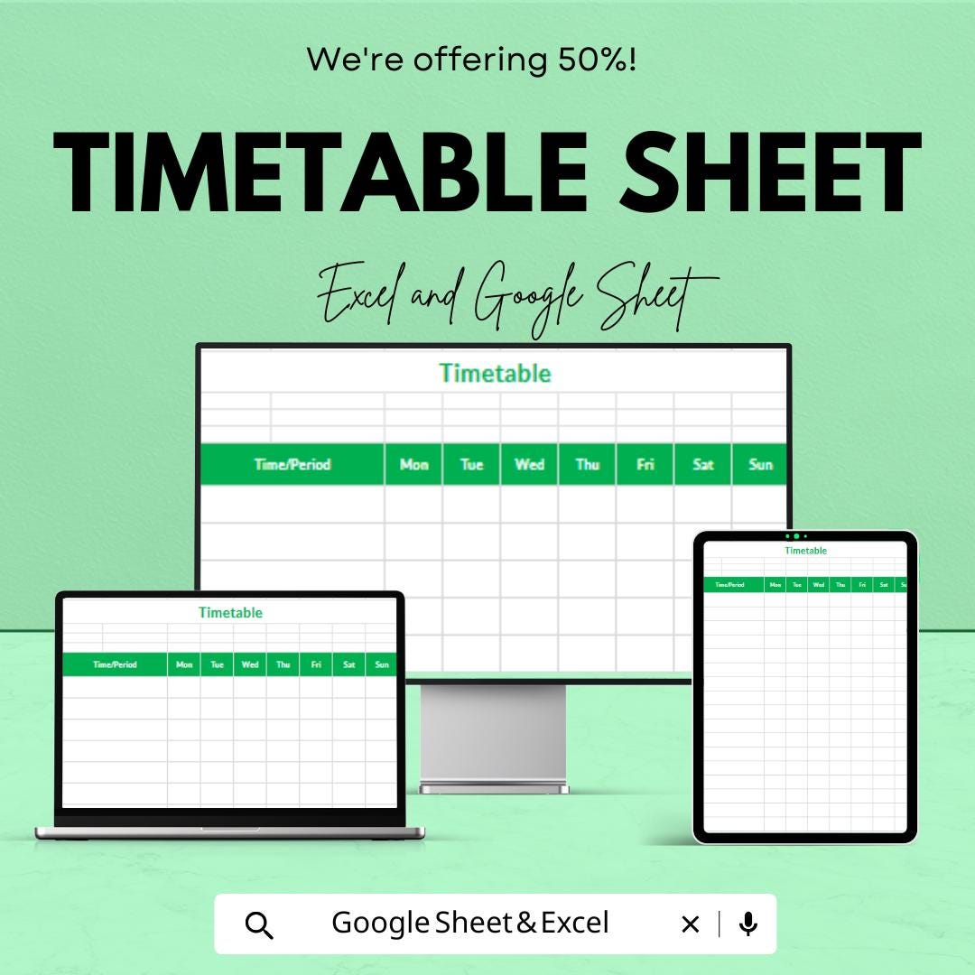 Timetable Sheet for Excel and Google Sheets | Customizable Weekly Planner Template for Time Management | Easy & Printable