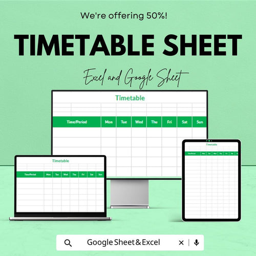 Timetable Sheet for Excel and Google Sheets | Customizable Weekly Planner Template for Time Management | Easy & Printable