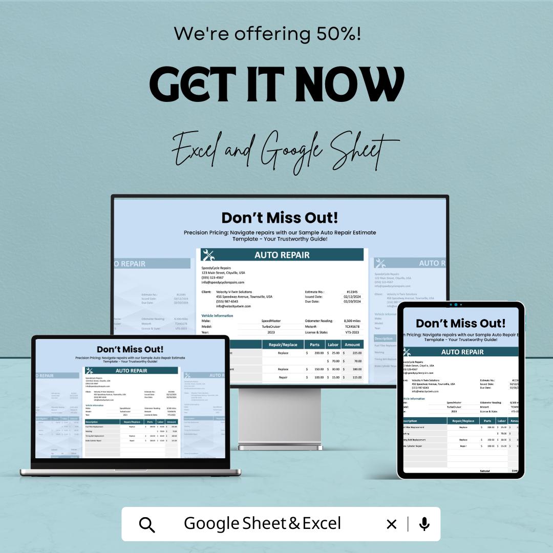 Sample Auto Repair Estimate Sheet | Excel & Google Sheet Template | Auto Repair Service Invoice | Customizable Vehicle Repair Estimate