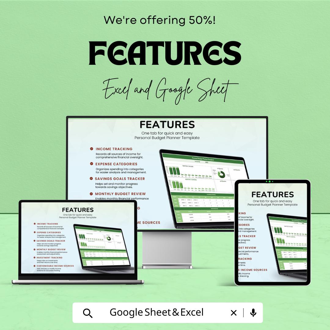 Personal Budget Planner Template | Monthly Expense Tracker | Google Sheets and Excel Finance Spreadsheet | Income & Savings Organizer