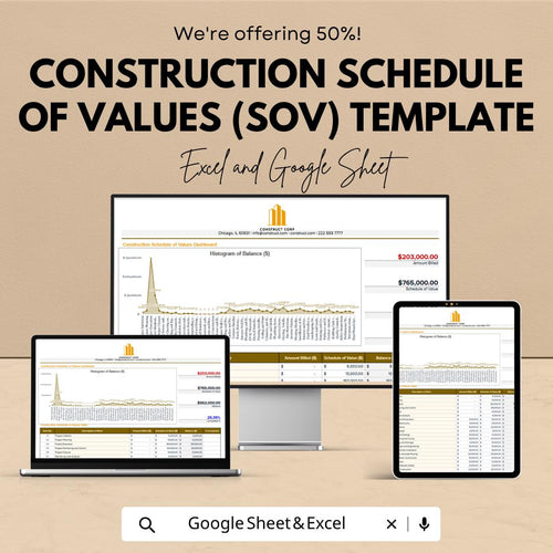 Construction Schedule of Values Template | SOV Spreadsheet | Construction Cost Tracker Template | Project Budget & Billing Sheet