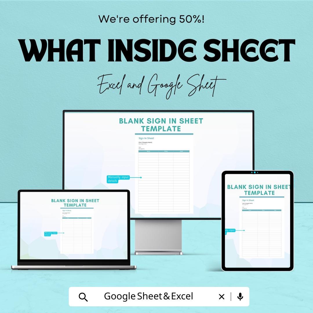 Blank Sign-In Sheet for Excel & Google Sheets – Customizable Template | Digital Download – 50% OFF