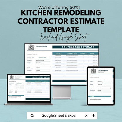 Kitchen Remodeling Contractor Estimate Template | Construction Quote Spreadsheet | Contractor Bid Sheet