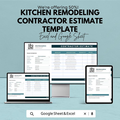 Kitchen Remodeling Contractor Estimate Template | Construction Quote Spreadsheet | Contractor Bid Sheet