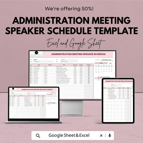 Administration Meeting Speaker Schedule Template Excel & Google Sheets | Meeting Agenda Planner | Speaker Schedule Tracker