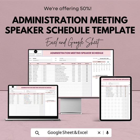 Administration Meeting Speaker Schedule Template Excel & Google Sheets | Meeting Agenda Planner | Speaker Schedule Tracker