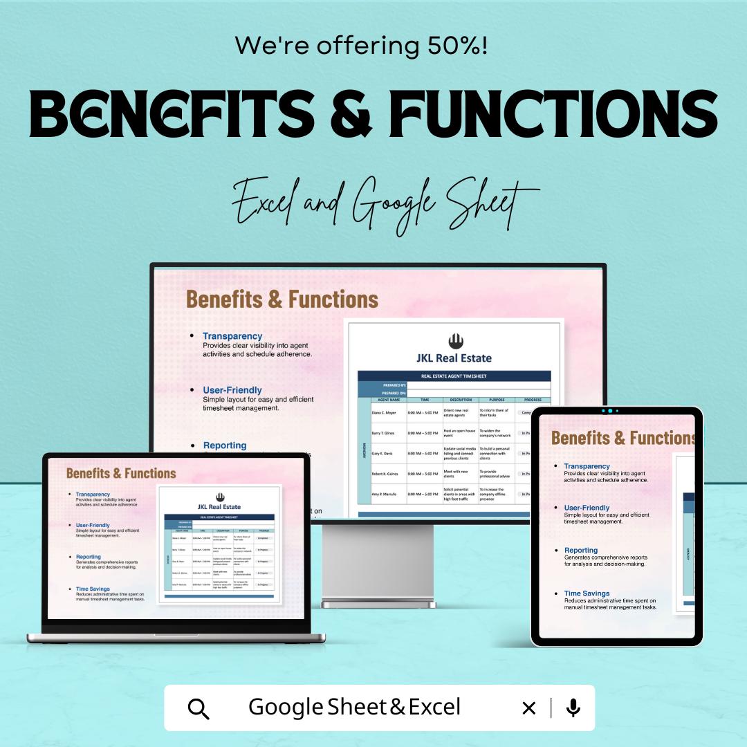 Real Estate Agent Timesheet - Excel & Google Sheets | Track Work Hours, Appointments, and Tasks | Customizable Template