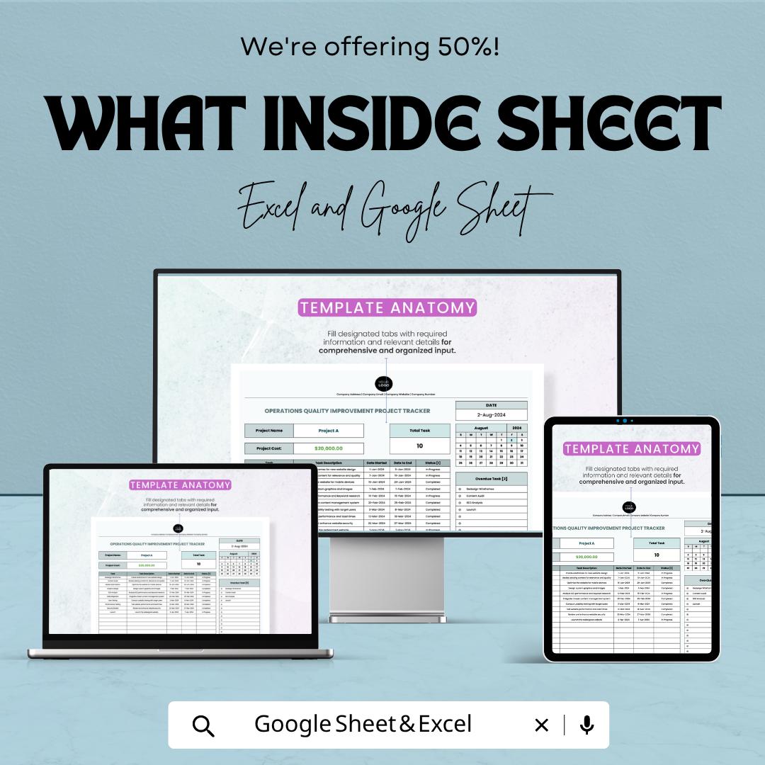 Operations Project Tracker Template | Quality Improvement Tracker | Project Management Spreadsheet | Task Tracker