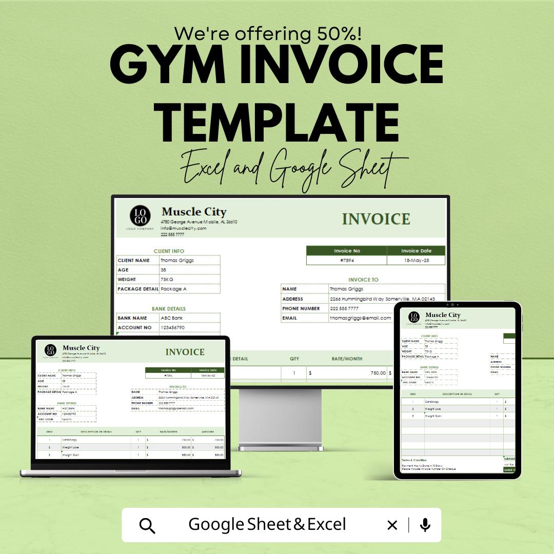 Gym Invoice Template | Fitness Billing Template | Personal Trainer Invoice | Gym Membership Receipt | Printable Invoice