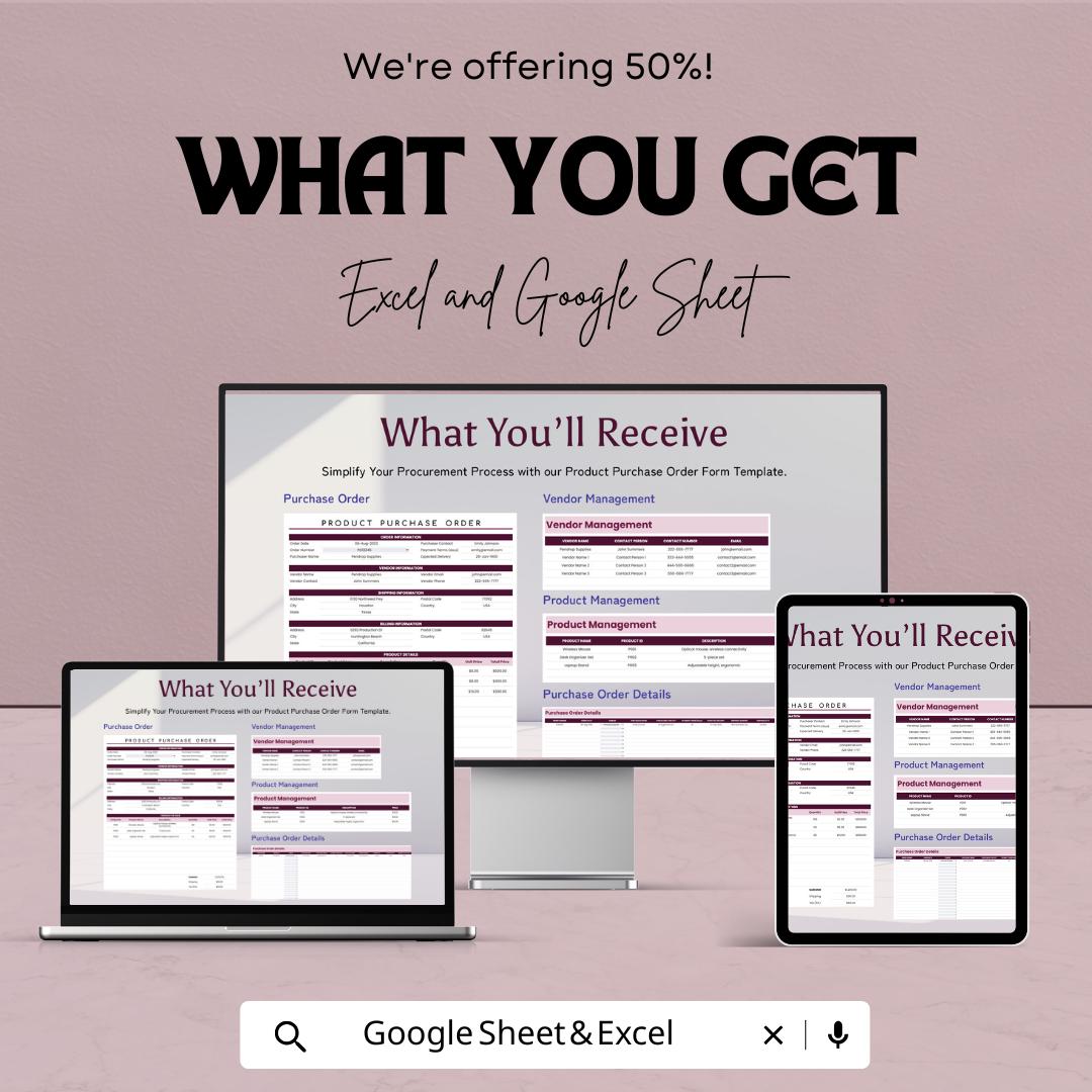 Product Purchase Order Form Template – Excel and Google Sheets – Manage Inventory & Vendor Information, Streamline Procurement Process |