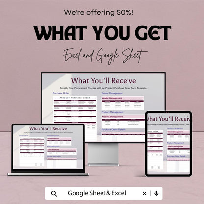 Product Purchase Order Form Template – Excel and Google Sheets – Manage Inventory & Vendor Information, Streamline Procurement Process |