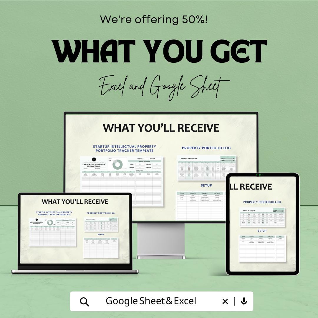 Startup Intellectual Property Portfolio Tracker Template | Excel & Google Sheets | Patent Trademark Copyright IP Tracker