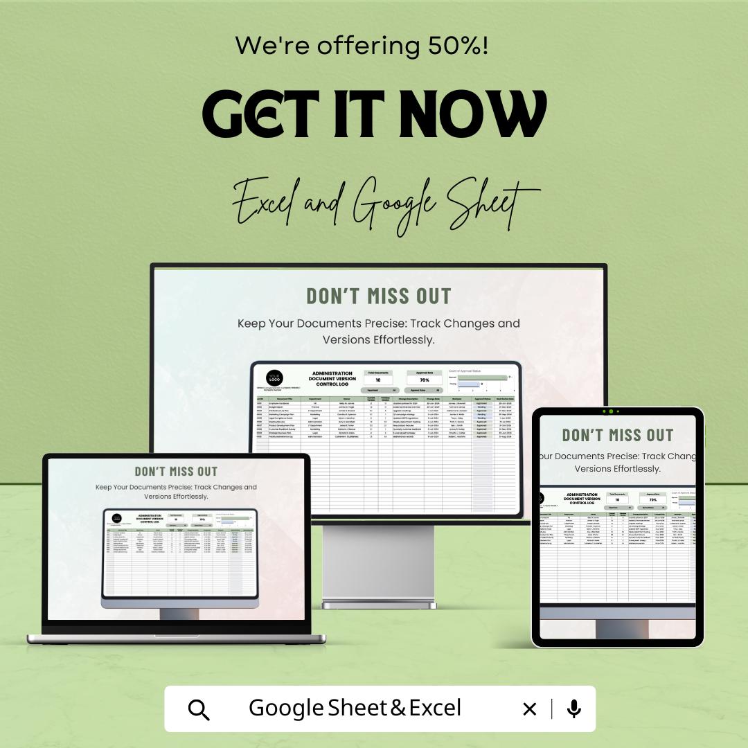 Administration Document Version Control Log Template, Excel & Google Sheets, Document Tracker, Version History Log, Change Log Spreadsheet