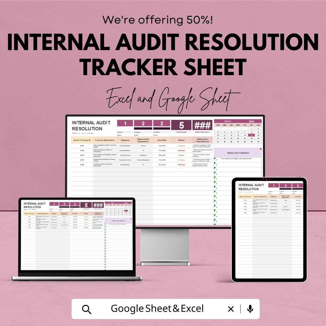 Internal Audit Resolution Tracker Sheet - Excel and Google Sheets Template for Tracking Audit Findings & Resolutions