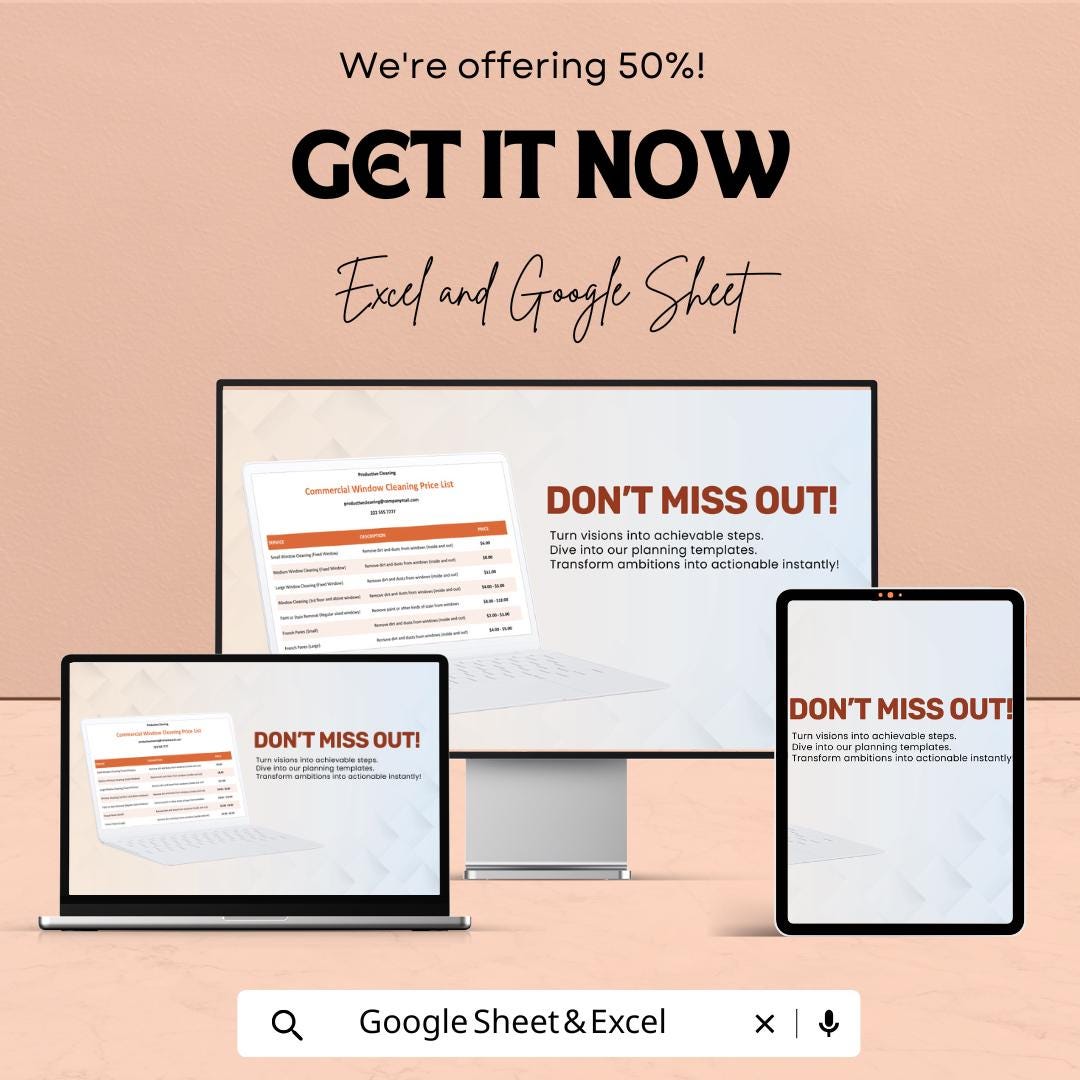 Commercial Window Cleaning Price List Sheet | Excel & Google Sheets Template | Pricing Guide for Cleaners