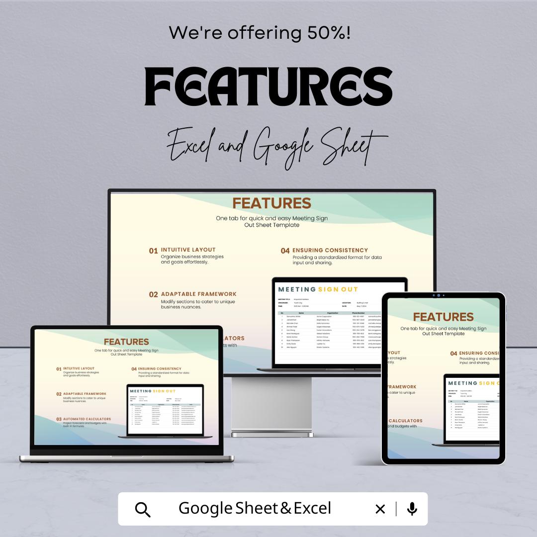 Meeting Sign Out Sheet Template | Attendance Sign Out Log | Printable Meeting Register | Excel and Google Sheets Editable