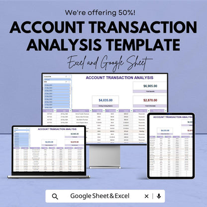 Account Transaction Analysis Template | Excel & Google Sheets | Financial Analysis Spreadsheet | Account Reconciliation Tracker