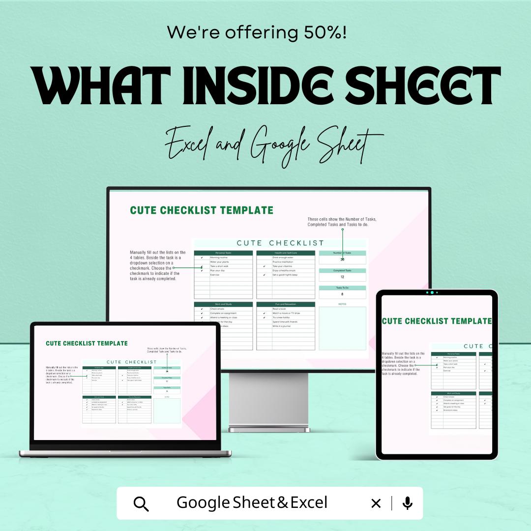 Cute Checklist Sheet | Excel and Google Sheets | Daily Task Planner | Fun & Adorable Checklist Template | Organize Your Day |