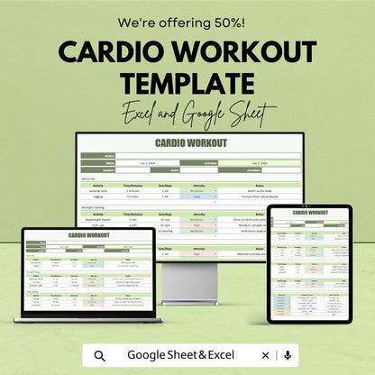 Cardio Workout Template Excel & Google Sheets | Workout Planner Spreadsheet | Fitness Tracker | Cardio Training Log | Exercise Planner