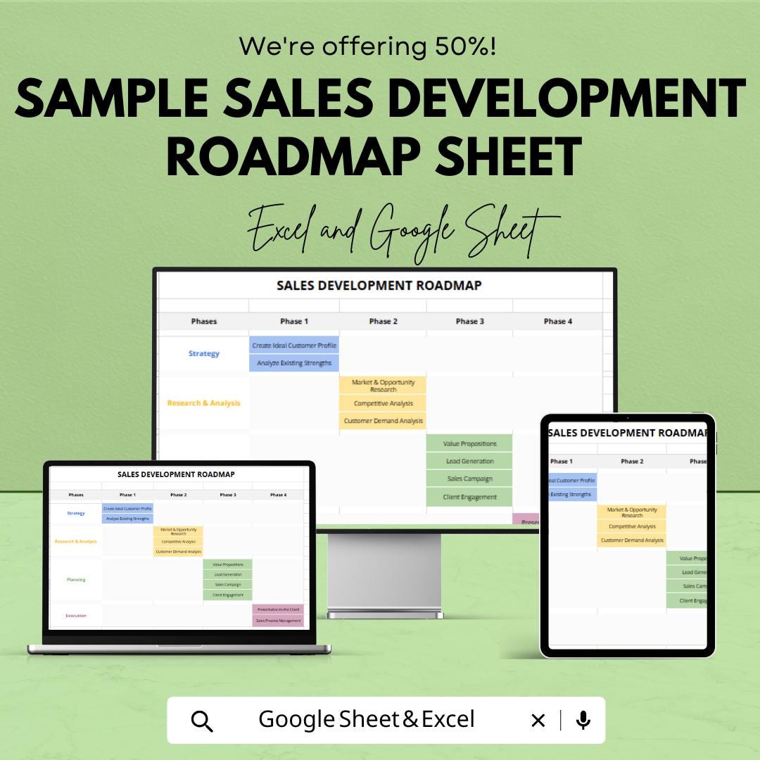 Sample Sales Development Roadmap Sheet | Sales Growth Plan | Customizable Sales Strategy Template | Excel & Google Sheets | Instant Download