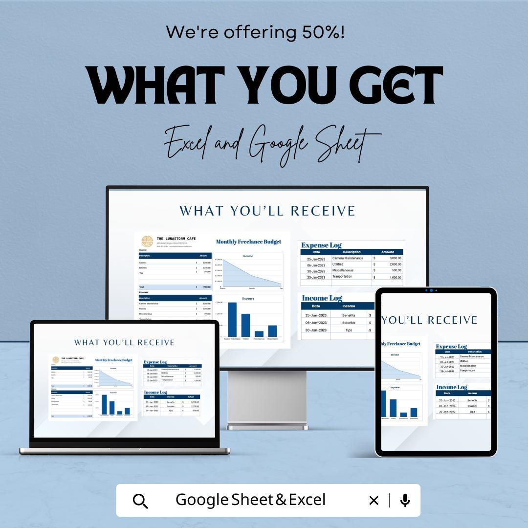 Monthly Freelance Budget Template,  Freelancer Income & Expense Tracker, Self Employed Budget, Small Business Budget