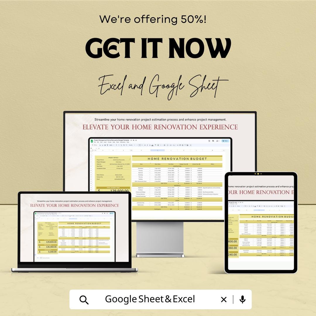 Home Renovation Budget Template | Project Management Budget Planner | Remodel Cost Tracker Spreadsheet | Excel & Google Sheets