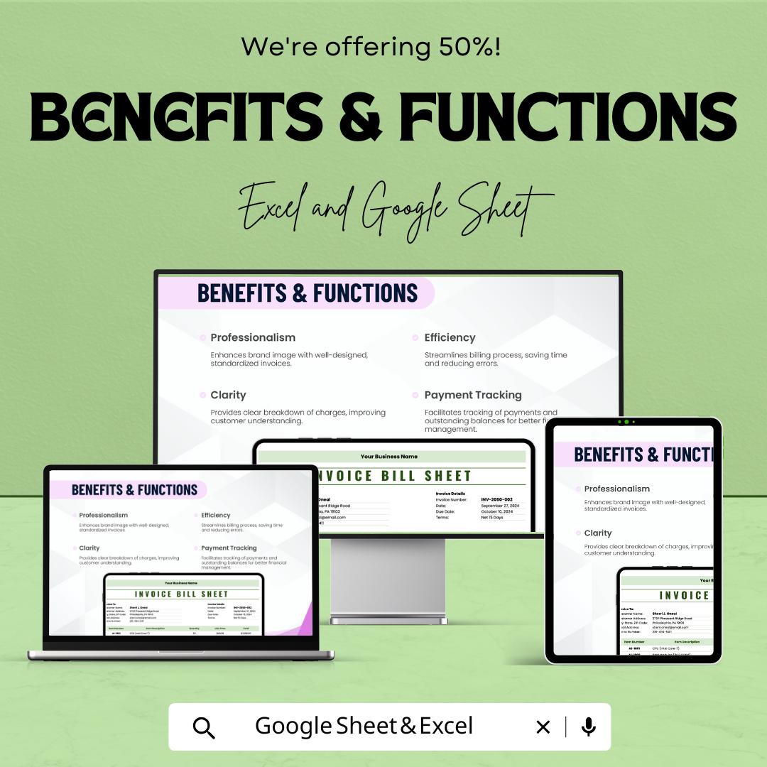 Invoice Bill Sheet for Small Business | Professional Invoice Template | Excel and Google Sheet | Customizable Billing Template