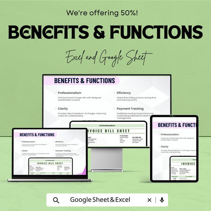Invoice Bill Sheet for Small Business | Professional Invoice Template | Excel and Google Sheet | Customizable Billing Template