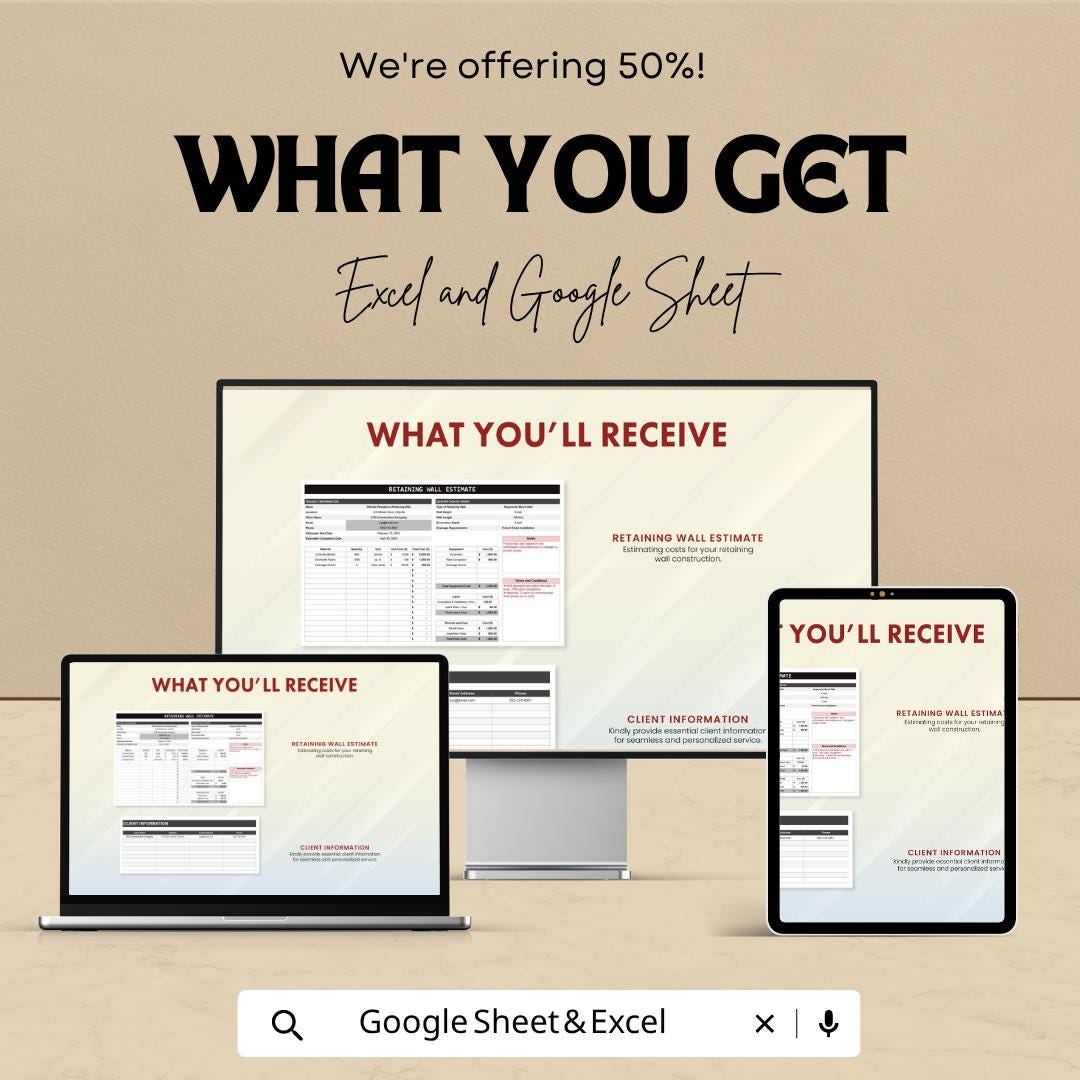 Retaining Wall Estimate Template Excel Google Sheets | Construction Estimate Template | Contractor Cost Calculator | Project Estimate Sheet