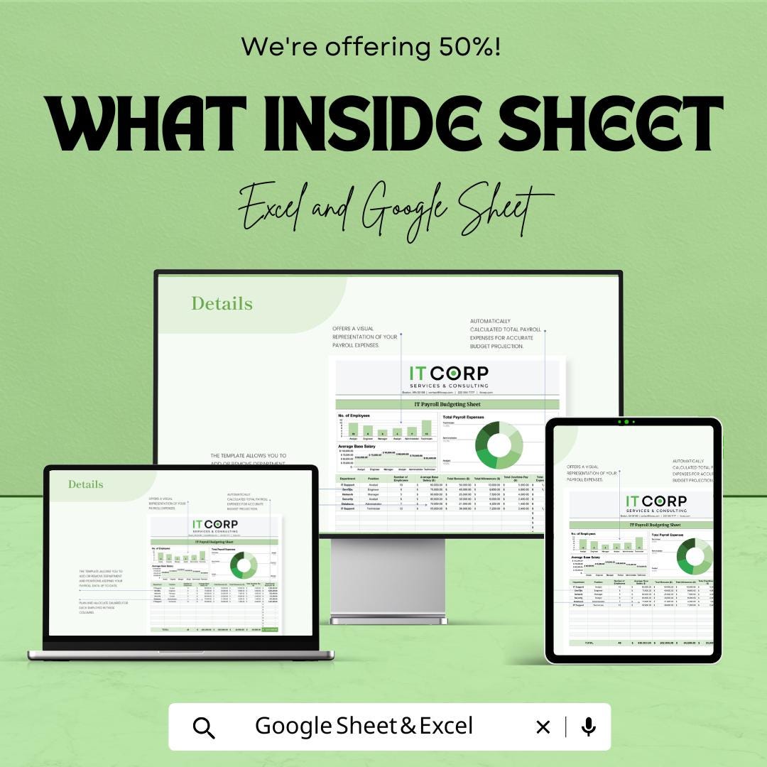IT Payroll Budgeting Sheet Template | IT Payroll Expense Tracker | Excel and Google Sheets | Employee Salary & Payroll Budget Spreadsheet