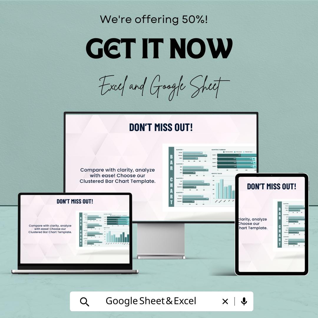 Clustered Bar Chart Sheet for Data Analysis | Excel and Google Sheet Template | Customizable Business Chart | Sales & Progress Visualization