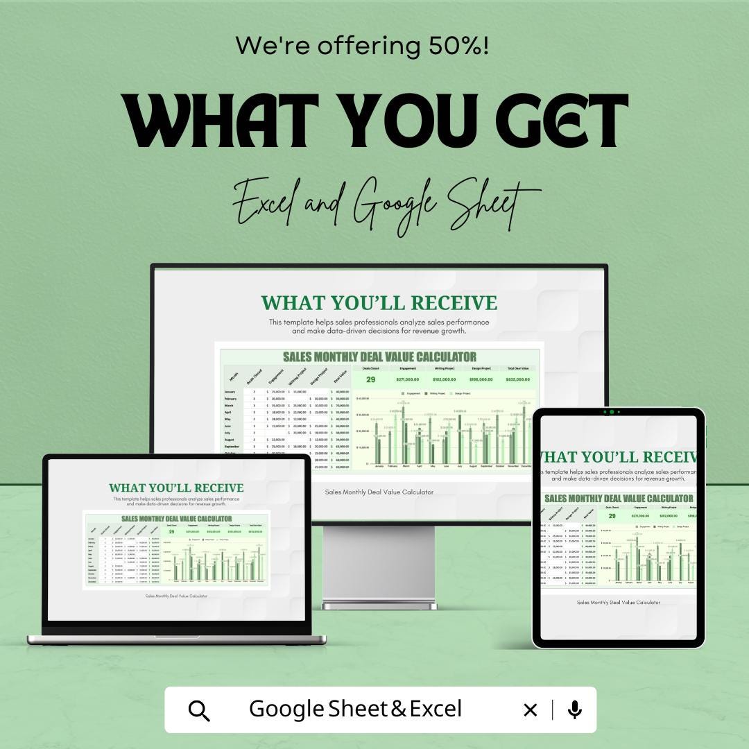 Sales Monthly Deal Value Calculator Template | Sales Performance Tracker | Monthly Deal Value Spreadsheet | Excel and Google Sheets Sales |