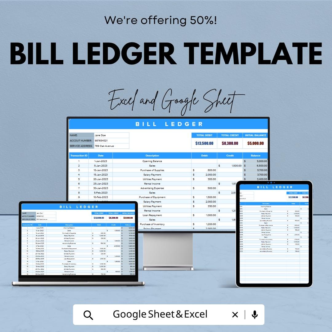 Bill Ledger Template | Expense Tracker Spreadsheet | Financial Record Keeper | Excel & Google Sheets Budget Template | Accounting Ledger