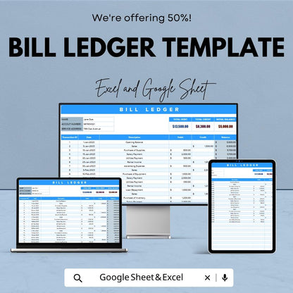 Bill Ledger Template | Expense Tracker Spreadsheet | Financial Record Keeper | Excel & Google Sheets Budget Template | Accounting Ledger