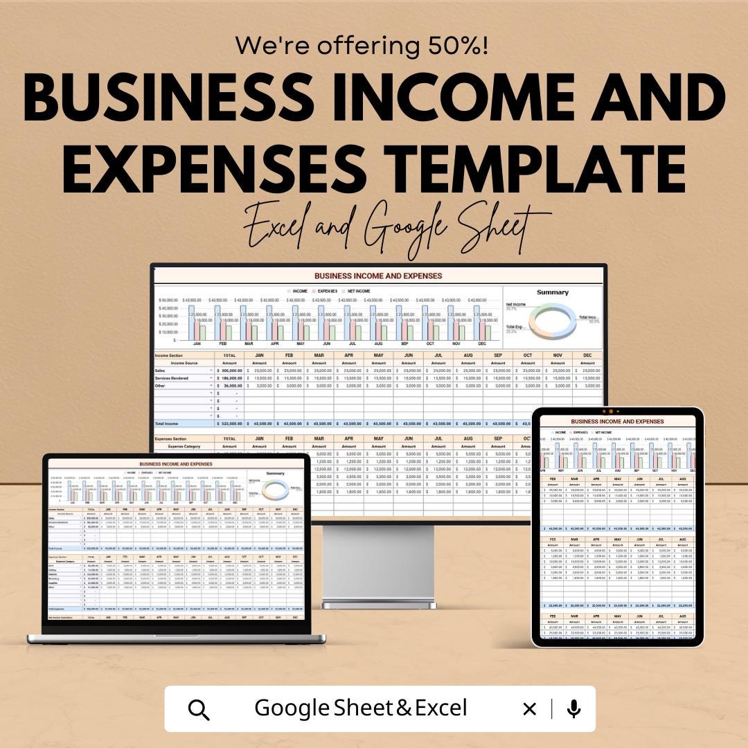 Business Income and Expenses Template,  Monthly Expense Tracker, Small Business Finance Spreadsheet, Profit and Loss Sheet