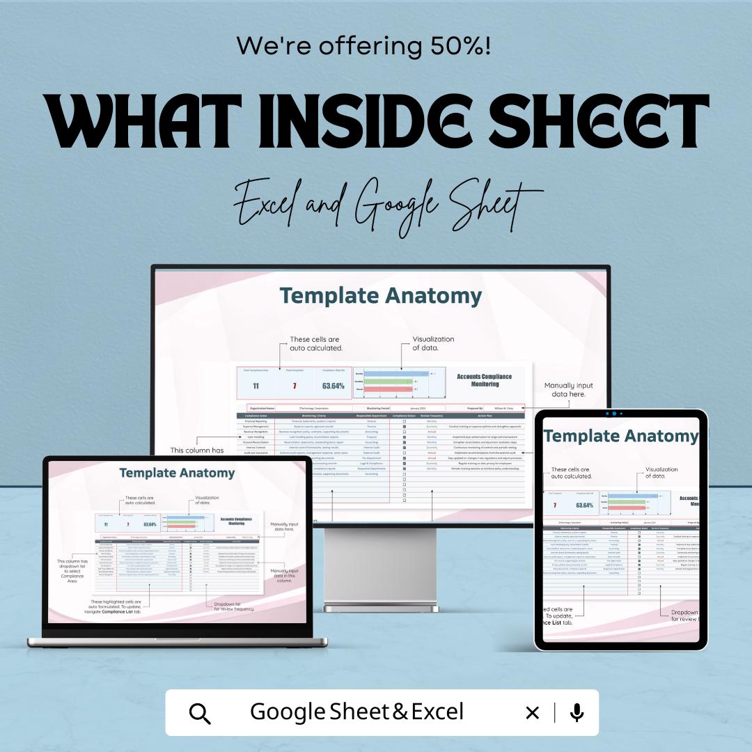 Accounts Compliance Monitoring Template, Finance Compliance Tracker, Audit Checklist Spreadsheet, Accounting Dashboard,