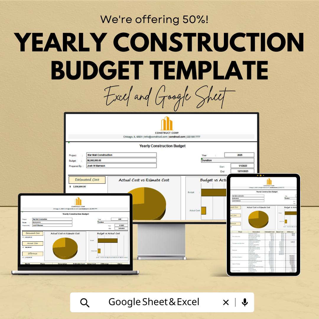 Yearly Construction Budget Template | Construction Cost Tracker | Project Budget Planner | Excel & Google Sheets