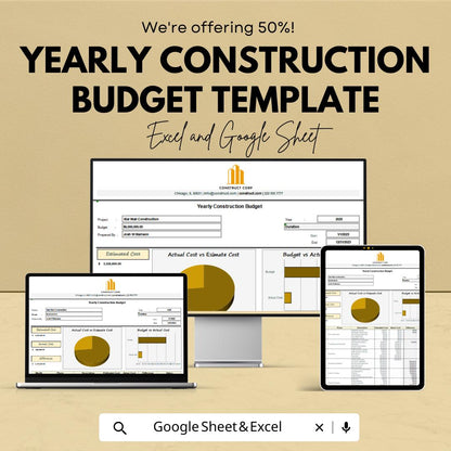 Yearly Construction Budget Template | Construction Cost Tracker | Project Budget Planner | Excel & Google Sheets