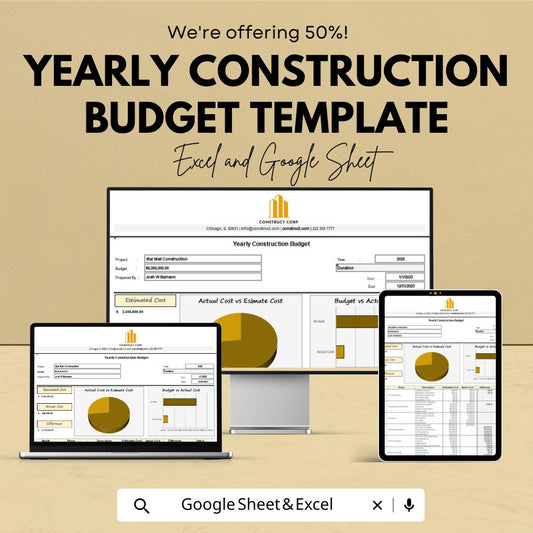 Yearly Construction Budget Template | Construction Cost Tracker | Project Budget Planner | Excel & Google Sheets