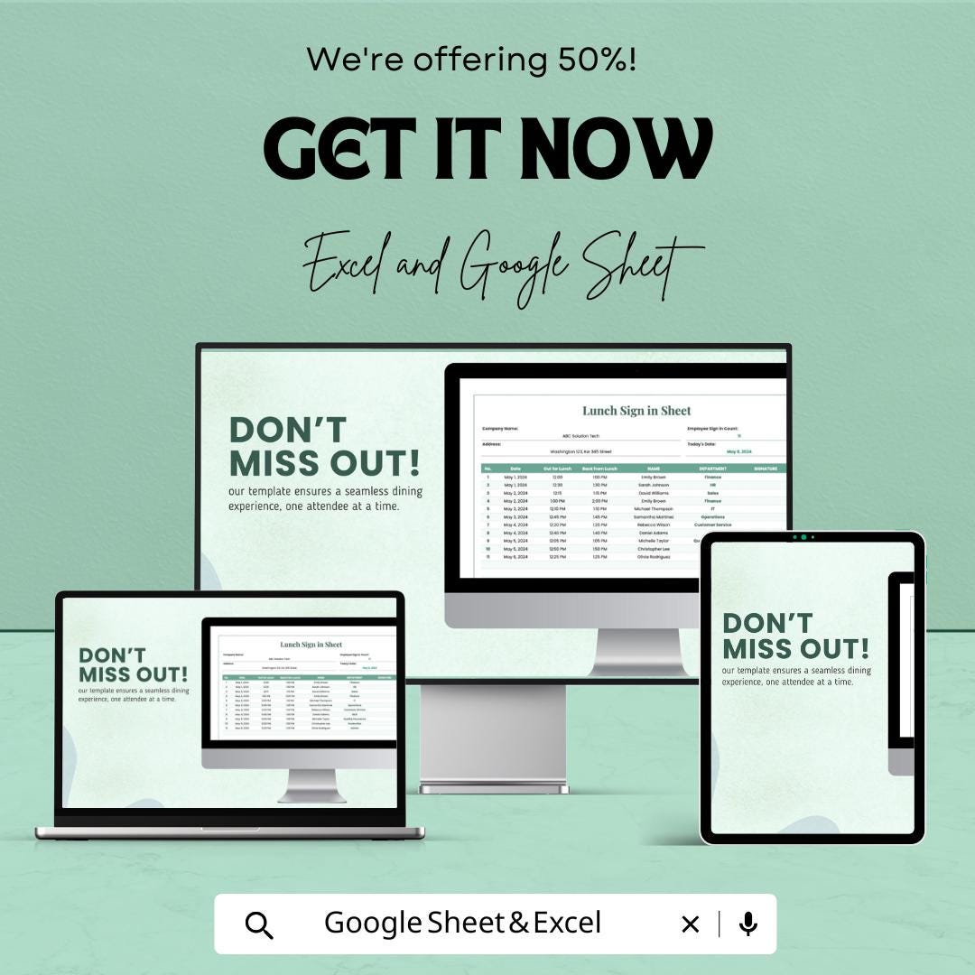 Lunch Sign-in Sheet - Excel & Google Sheet - Track Attendance with Ease - Employee Sign-in Template for Workplace, Office, and Events