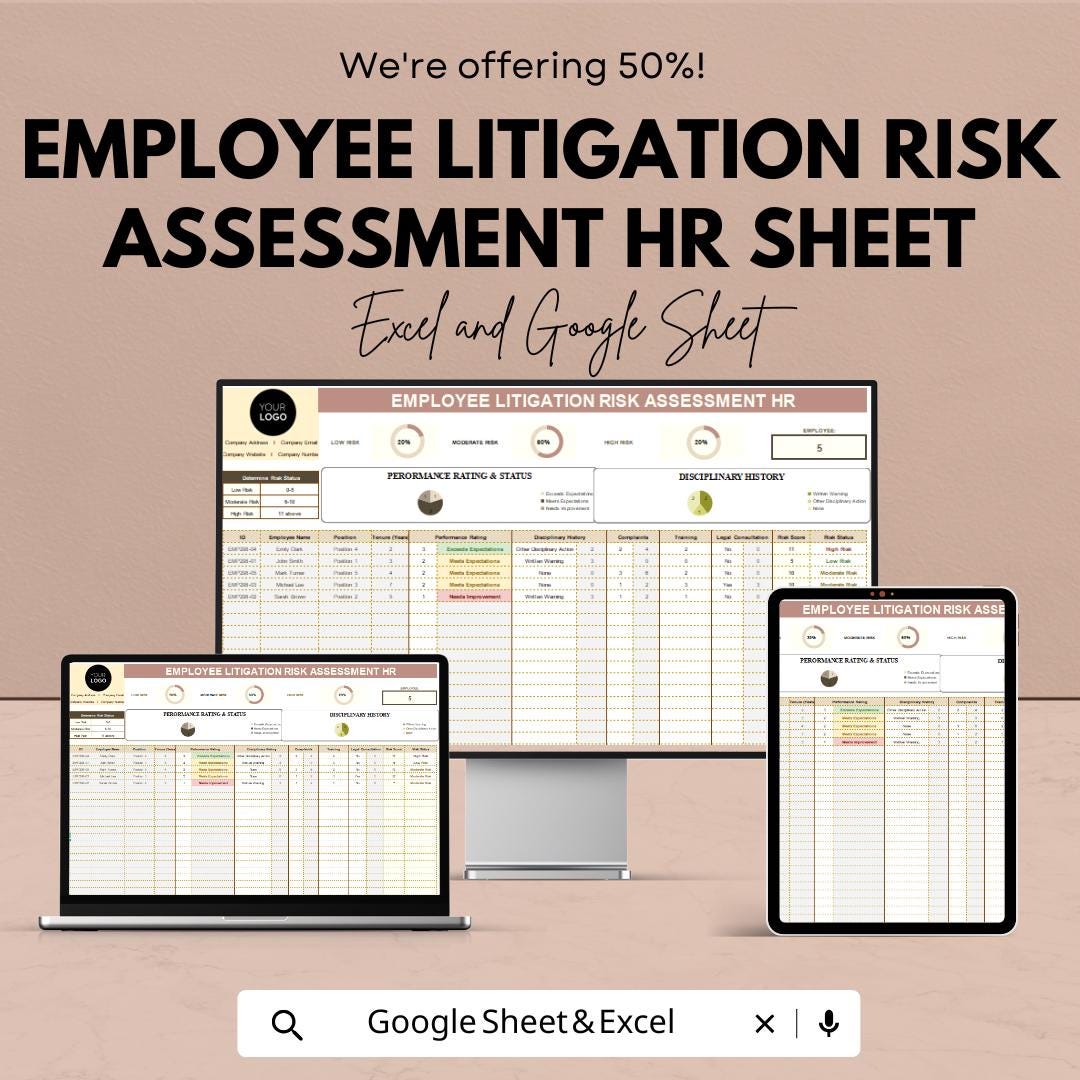 Employee Litigation Risk Assessment Template - Excel & Google Sheets - HR Risk Management Tool - 50% Off