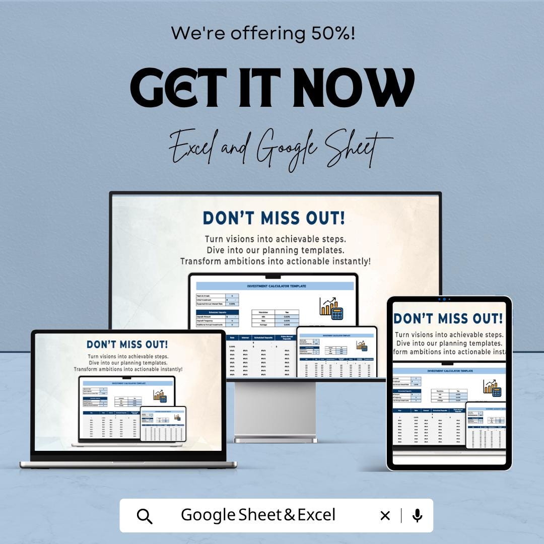 Investment Calculator Template | Compound Interest Spreadsheet | ROI & Savings Planner | Investment Tracker | Wealth Planner Tool
